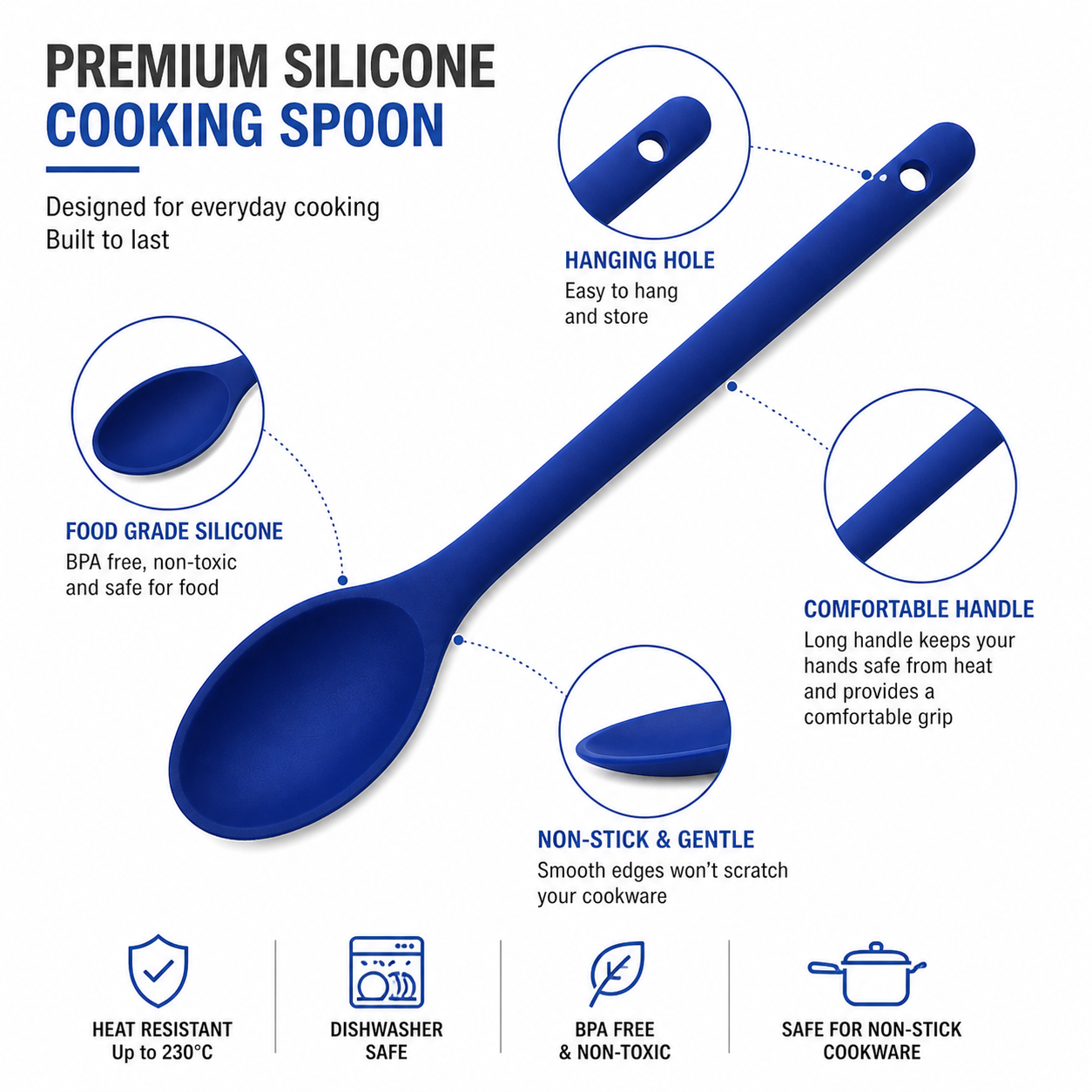 Purease 30cm Silicone Nonstick Cooking Spoon – Long Handle Kitchen Utensil