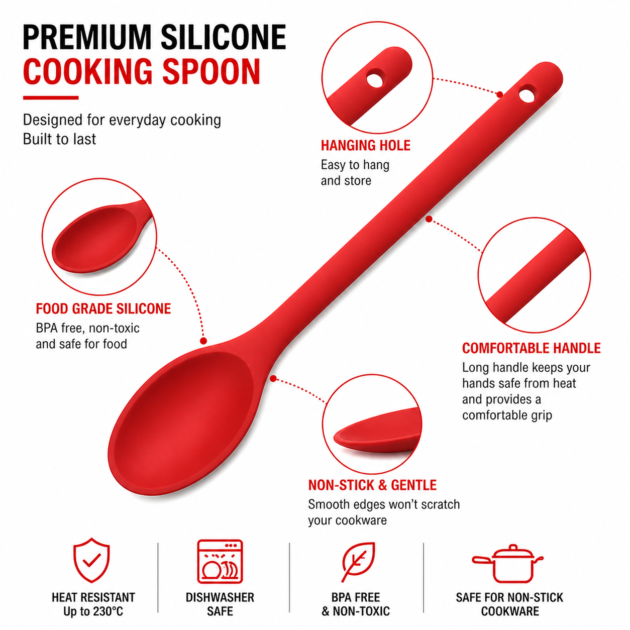 Purease 30cm Silicone Nonstick Cooking Spoon – Long Handle Kitchen Utensil