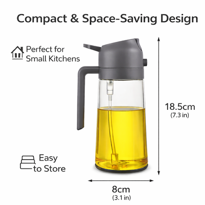 Compact oil dispenser with yellow liquid, labeled as space-saving design for small kitchens.