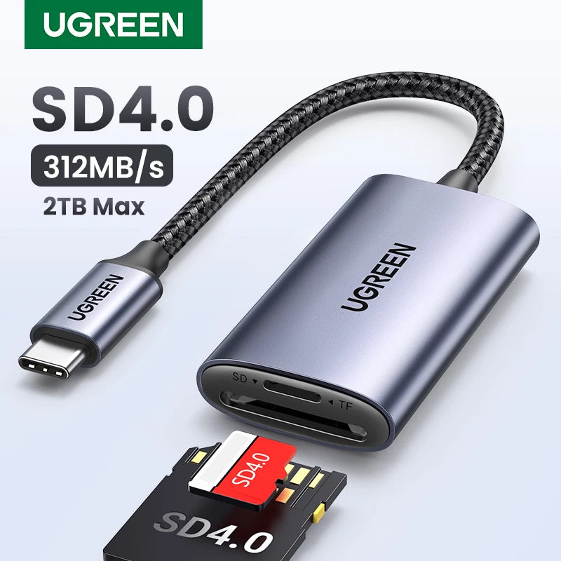 UGREEN SD card reader with USB-C and SD slots on a light gray background