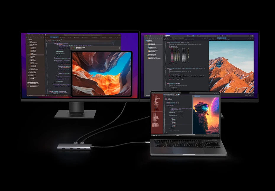 Two monitors and a laptop displaying a cohesive design theme with nature-themed wallpapers.