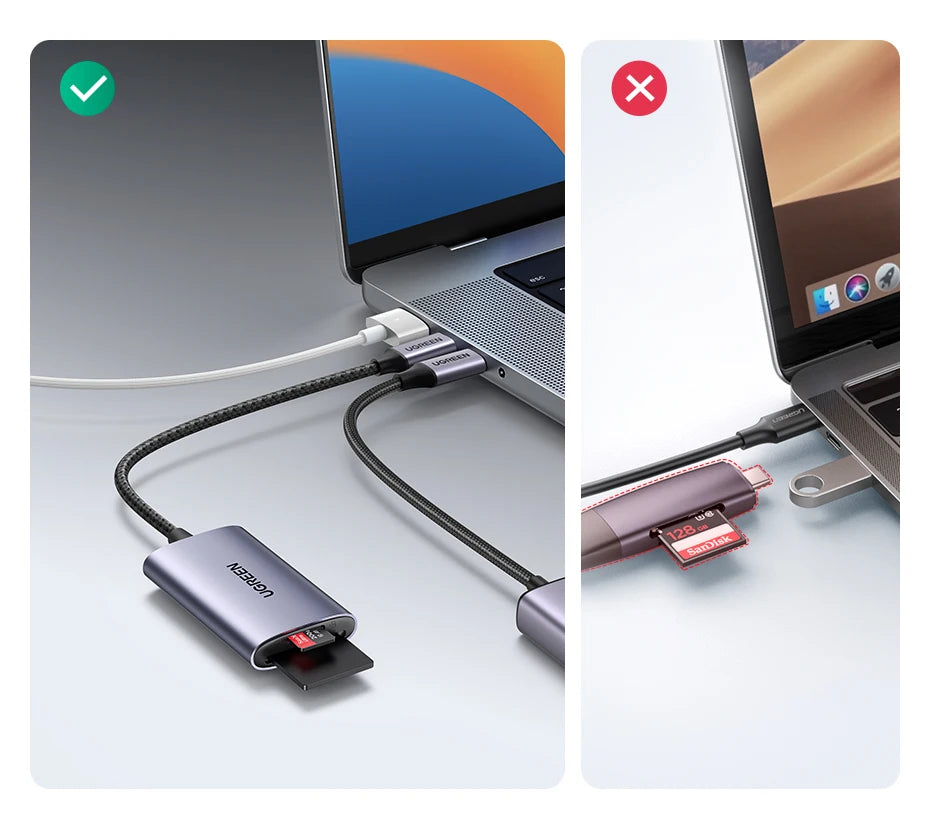 Two images showing a USB-C adapter with cables connected to a laptop, one correct and one incorrect.