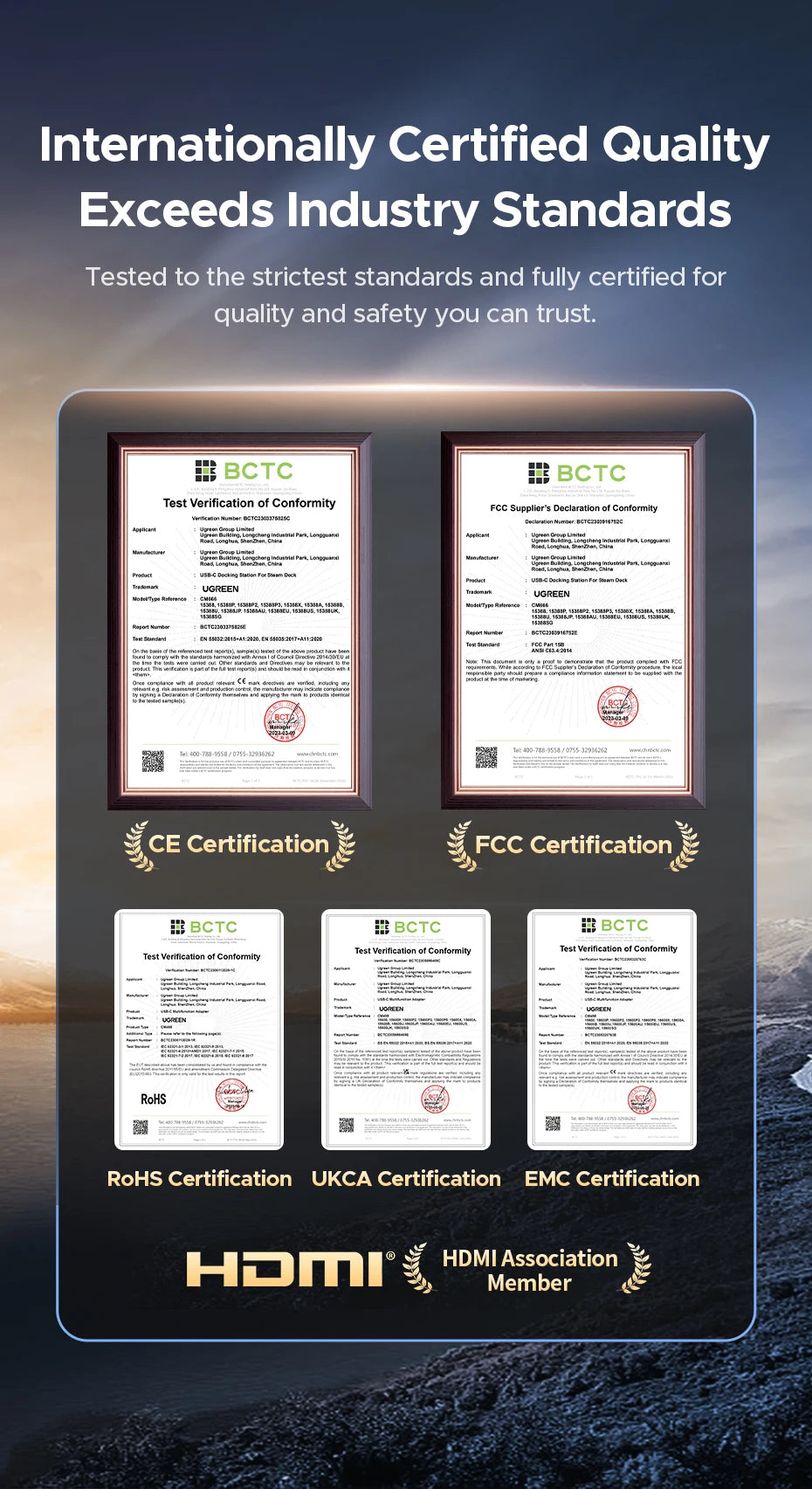 Display of certifications on a branded frame with a scenic background