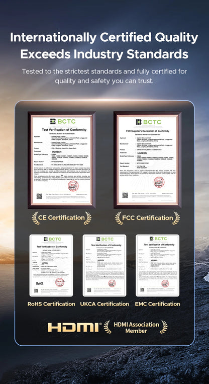 Display of certifications on a branded frame with a scenic background
