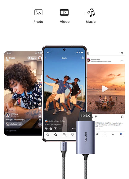 Smartphone displaying social media app interface with a USB-C adapter and cable on a white background