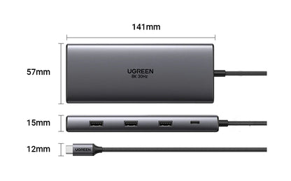 UGREEN USB-C hub with dimensions labeled on a white background