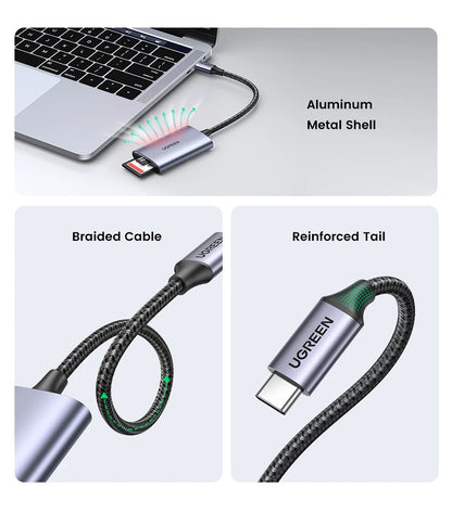 UGREEN USB-C to USB-C cable shown in a three-panel product graphic. The top panel shows the cable connected to a laptop with text reading 'Aluminum Metal Shell' and a glow effect around the connector.