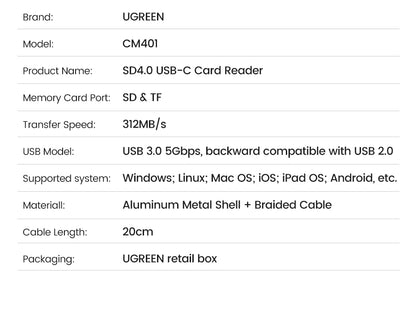Product details of UGREEN SD4.0 USB-C Card Reader on a white background