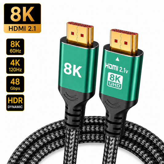 An 8K HDMI 2.1 cable with two metallic green connector heads, black braided cords, and informational text badges on the left highlighting 8K, 4K, 120Hz, 48 Gbps, HDR, and dynamic range.