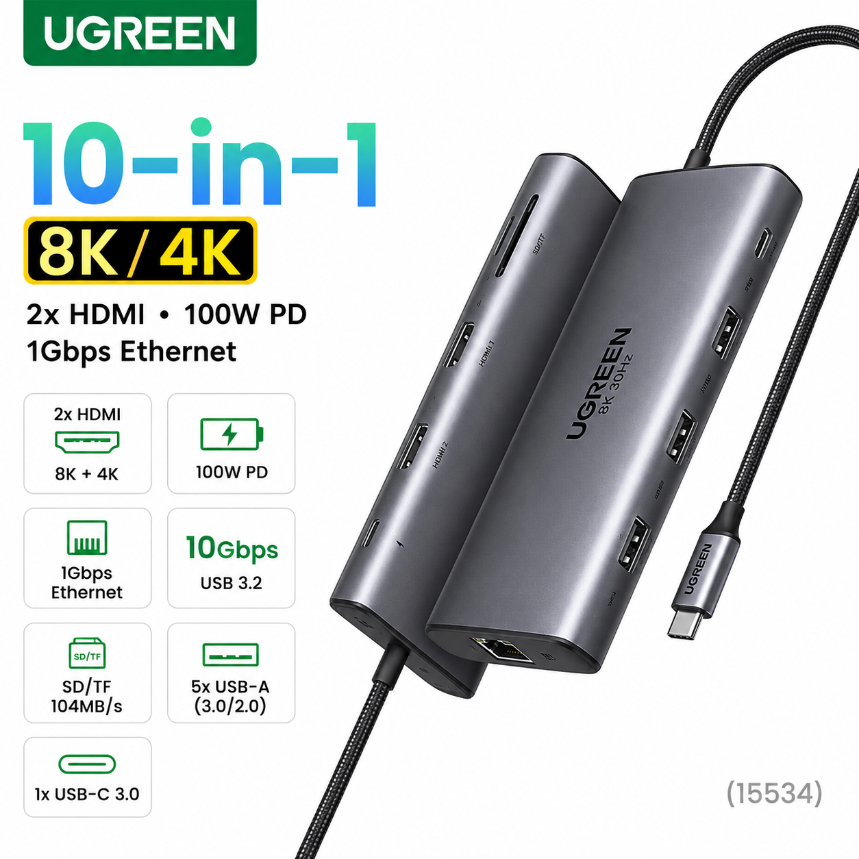 UGREEN 10-in-1 8K/4K Ethernet hub adapter in gray, featuring 2x HDMI, 1x USB-C, 5x USB-A, 1x Ethernet, 10Gbps, 100W PD, and 1Gbps Ethernet, shown with product feature icons on a white background.