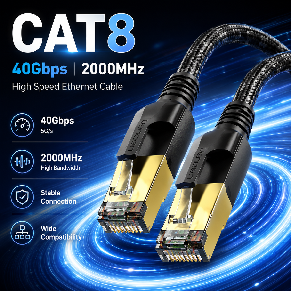 CAT8 40Gbps 2000MHz high-speed ethernet cable with black RJ45 connectors and braided black cable, shown on a blue digital background with feature callouts.