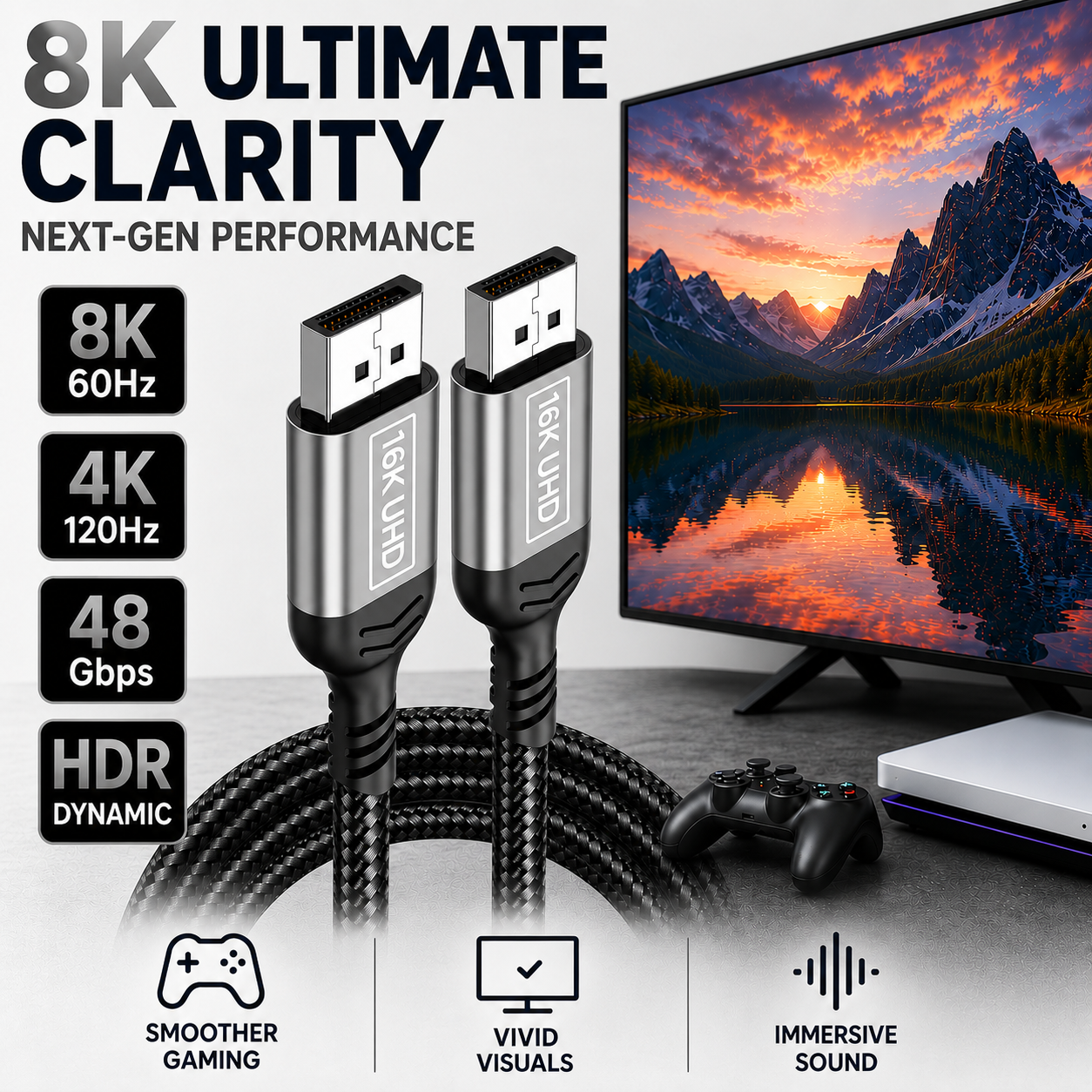 8K ultra-high speed HDMI cable shown with two close-up connector views and a coiled cable on a desk, alongside a TV displaying a mountain sunset scene, game controller, and performance callouts for 8K 60Hz, 4K 120Hz, 48 Gbps, HDR dynamic, smoother gaming, vivid visuals, and immersive sound.