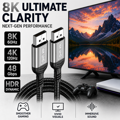 8K ultra-high speed HDMI cable shown with two close-up connector views and a coiled cable on a desk, alongside a TV displaying a mountain sunset scene, game controller, and performance callouts for 8K 60Hz, 4K 120Hz, 48 Gbps, HDR dynamic, smoother gaming, vivid visuals, and immersive sound.
