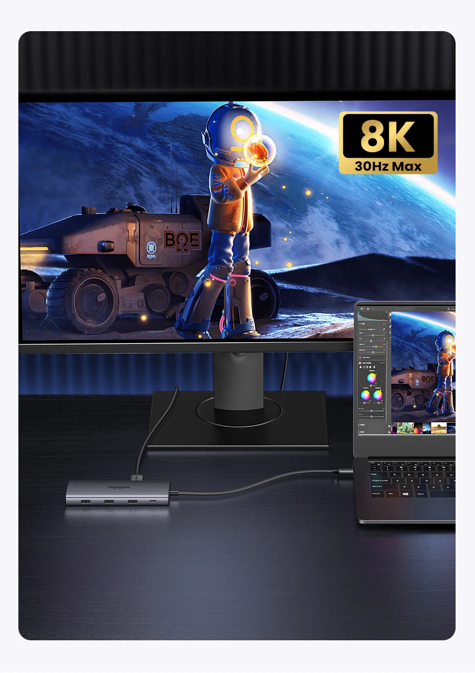 Monitor displaying 8K resolution with a laptop showing the same content, on a dark surface.