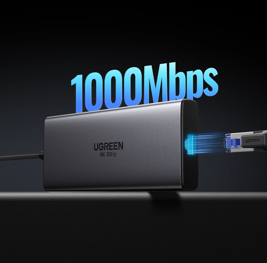 UGREEN USB-C adapter with a cable, displaying '1000Mbps' on a dark background.