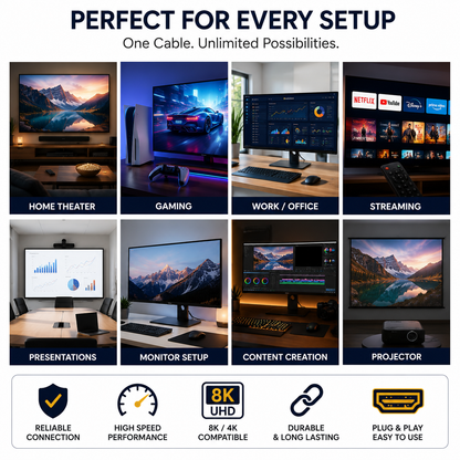 A promotional infographic for a multi-monitor setup cable, featuring six panels showing different use cases: home theater, gaming, work/office, streaming, presentations, monitor setup, content creation, and projector. The top text reads 'PERFECT FOR EVERY SETUP' and the bottom row highlights features like reliable connection, high speed performance, 8K/4K compatibility, durability, and plug-and-play ease of use.