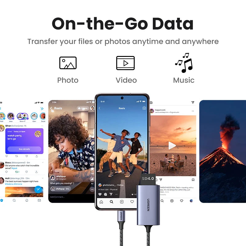 Smartphone with a USB-C adapter and images of people, video, and music on screens, with text 'On-the-Go Data'.