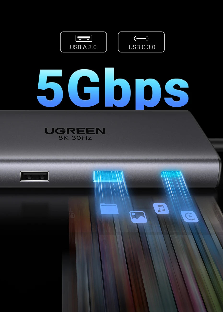 UGREEN USB hub with USB 3.0 and USB C.0 ports on a black background