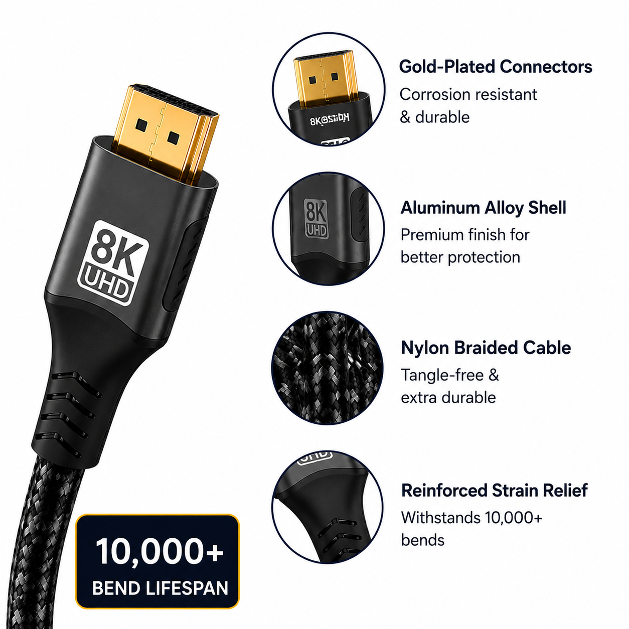 An HDMI 2.1 cable with a gold-plated connector and black braided nylon jacket, shown alongside four circular feature callouts highlighting corrosion-resistant gold connectors, an aluminum alloy shell, nylon braided cable, and reinforced strain relief.