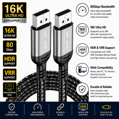 A 16K Ultra HD 80Gbps HDMI cable with a braided black and gray nylon cord, shown with its metal connectors and surrounded by feature callout graphics on a white background.