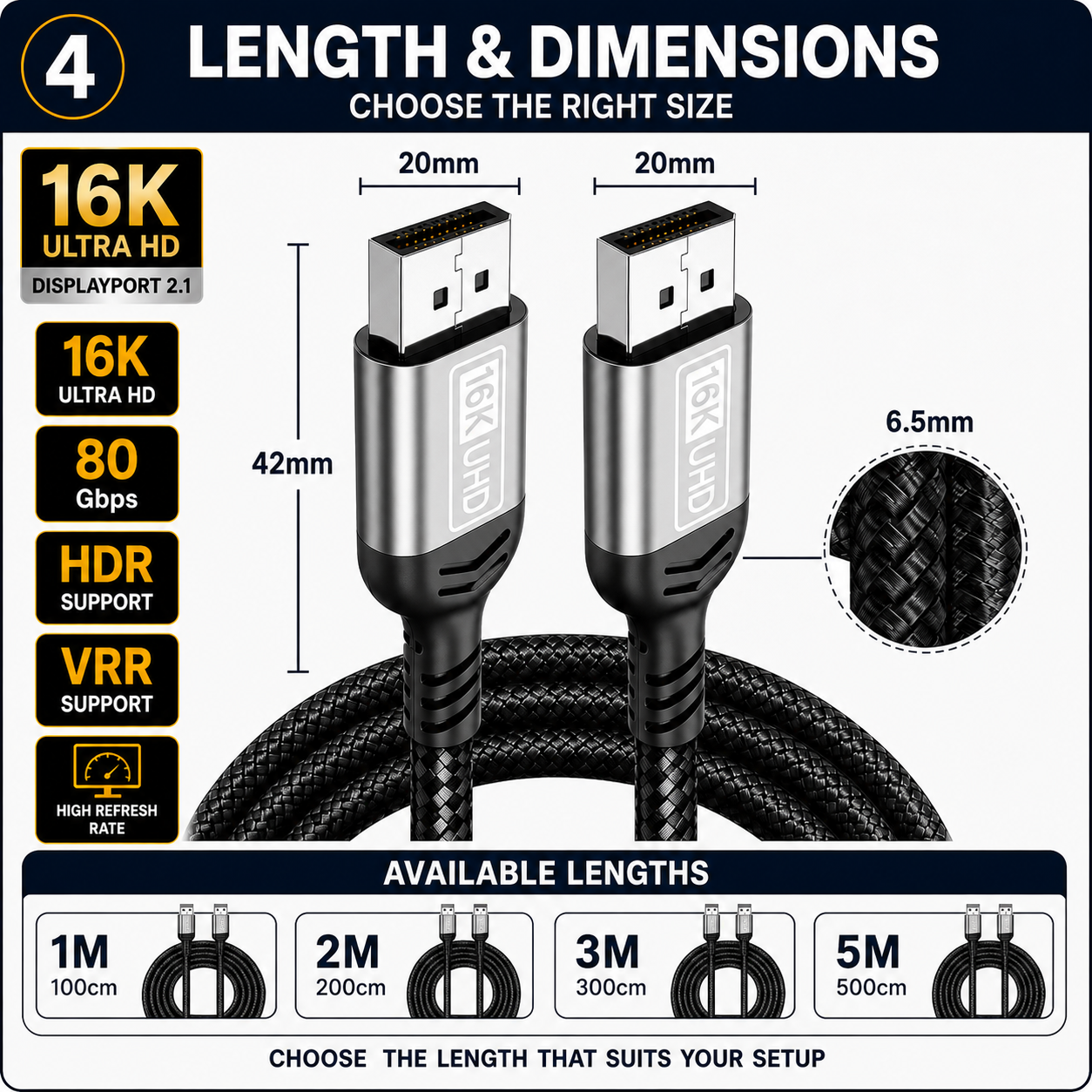 A product infographic showing a black braided USB-C cable with silver metal connectors, labeled with dimensions: 42mm cable length, 20mm connector width, and 6.5mm cable diameter.