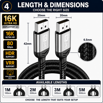A product infographic showing a black braided USB-C cable with silver metal connectors, labeled with dimensions: 42mm cable length, 20mm connector width, and 6.5mm cable diameter.