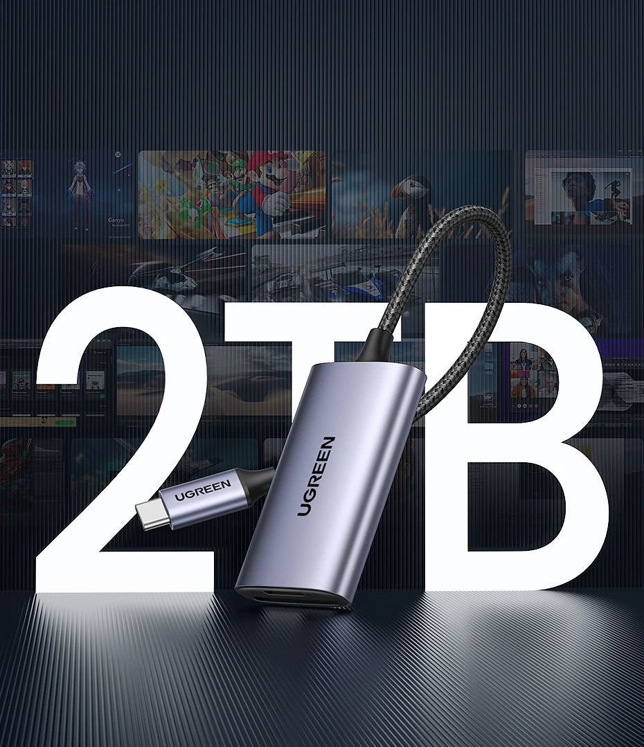 Ugreen USB drive with 2TB capacity displayed against a blurred entertainment setup background.