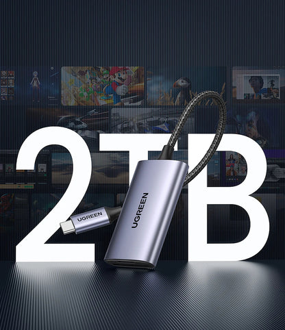 Ugreen USB drive with 2TB capacity displayed against a blurred entertainment setup background.