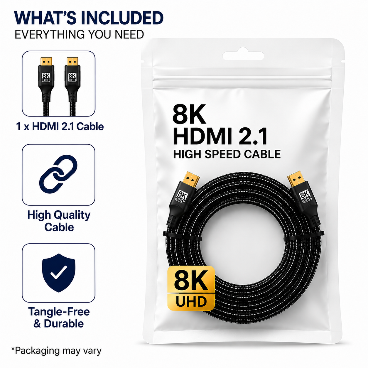 An 8K HDMI 2.1 high-speed cable in a white resealable pouch, shown on a white background with feature callouts and included accessories.