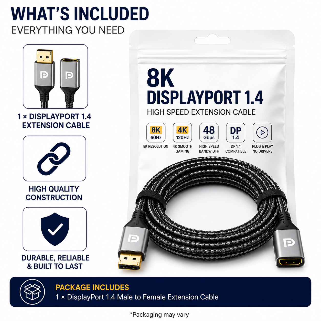 8K 60Hz DisplayPort Extension Cable DP 1.4 Male to Female 4K 120Hz 48Gbps