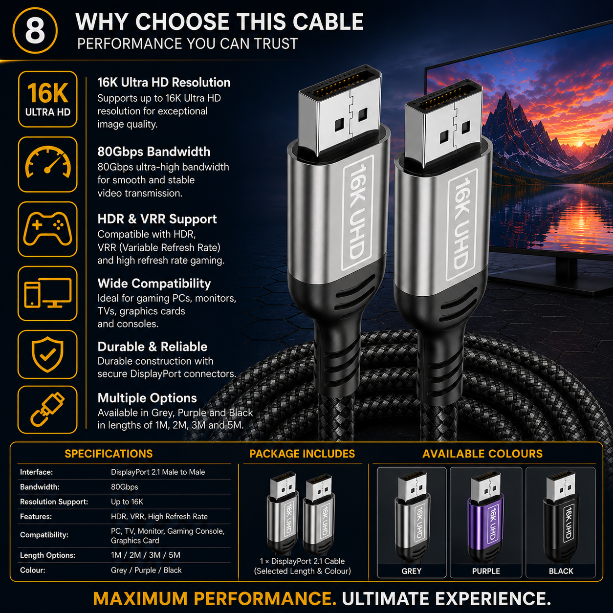 A promotional infographic for a gaming cable, featuring a coiled black cable in the center, two USB-C connector ends labeled RK UHD, and a dark scenic background with a lake and mountains. Large text highlights 16K Ultra HD resolution, 80Gbps bandwidth, HDR and VRR support, wide compatibility, durability, and multiple color options.