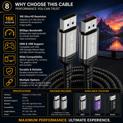 A promotional infographic for a gaming cable, featuring a coiled black cable in the center, two USB-C connector ends labeled RK UHD, and a dark scenic background with a lake and mountains. Large text highlights 16K Ultra HD resolution, 80Gbps bandwidth, HDR and VRR support, wide compatibility, durability, and multiple color options.