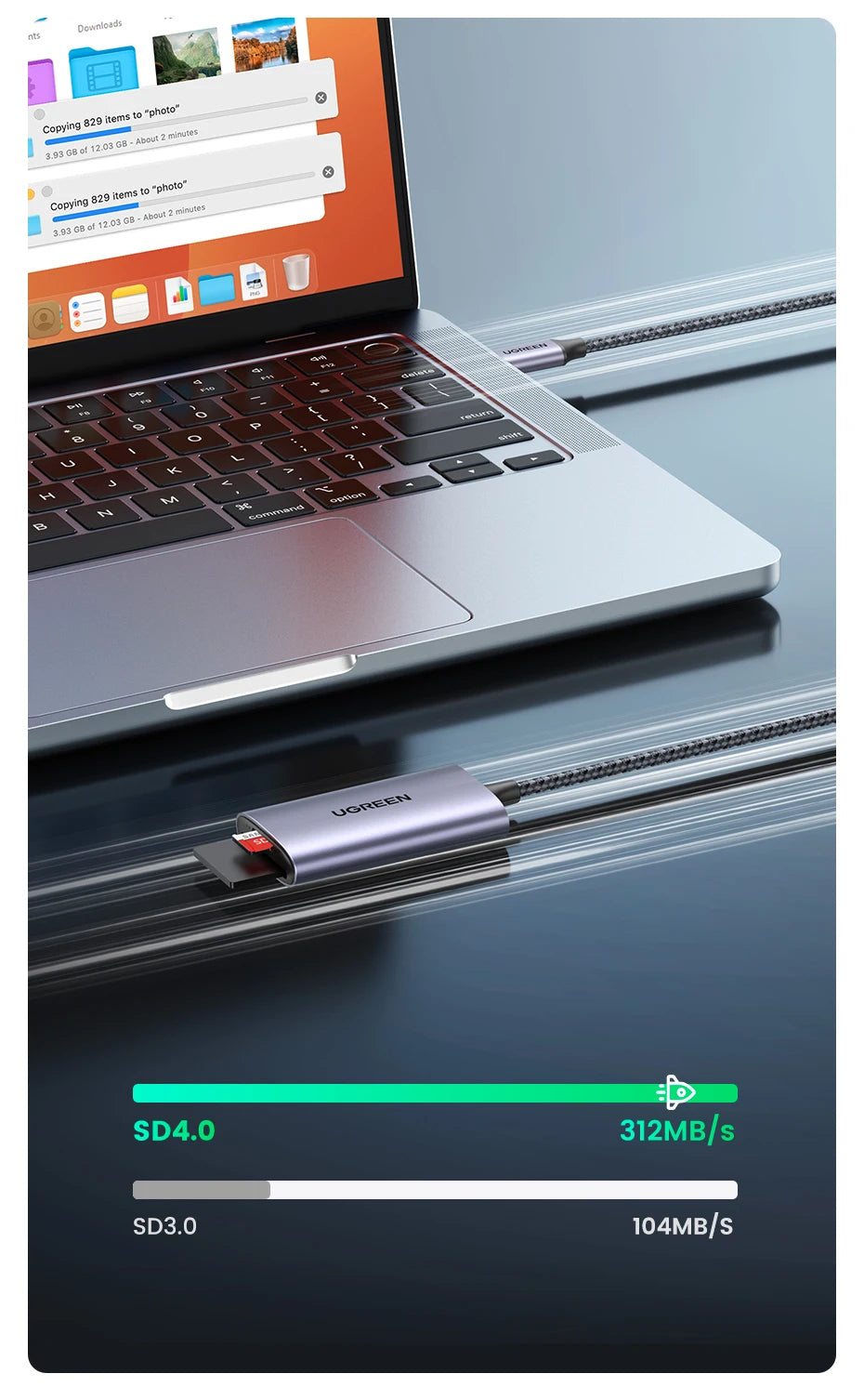 Laptop with a USB drive connected, showing speed details on a dark surface.