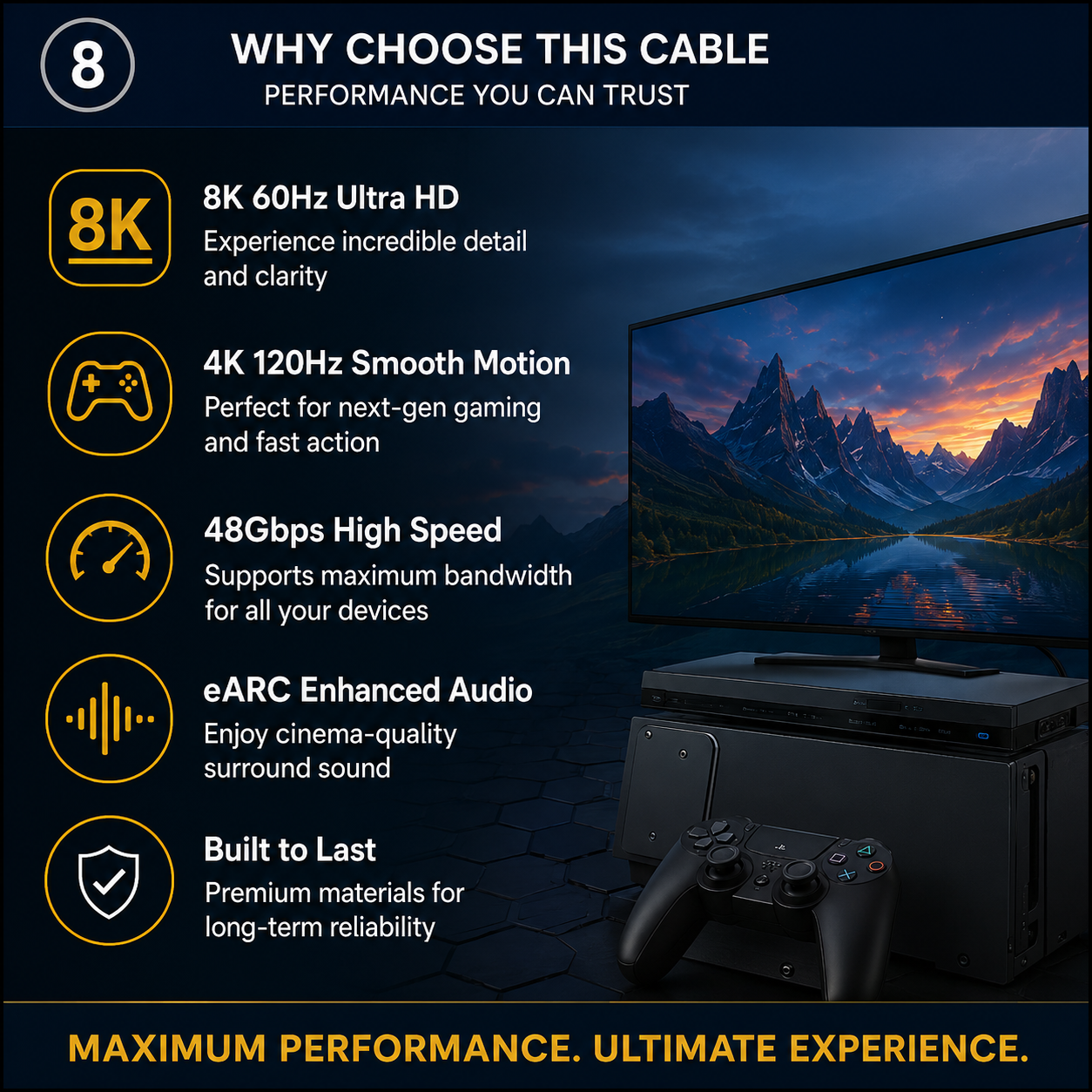 Promotional graphic for a gaming cable or console setup, showing a PlayStation-style console, controller, and TV displaying a mountain landscape. Text highlights 8K 60Hz Ultra HD, 4K 120Hz smooth motion, 48Gbps high speed, eARC enhanced audio, and built-to-last reliability.