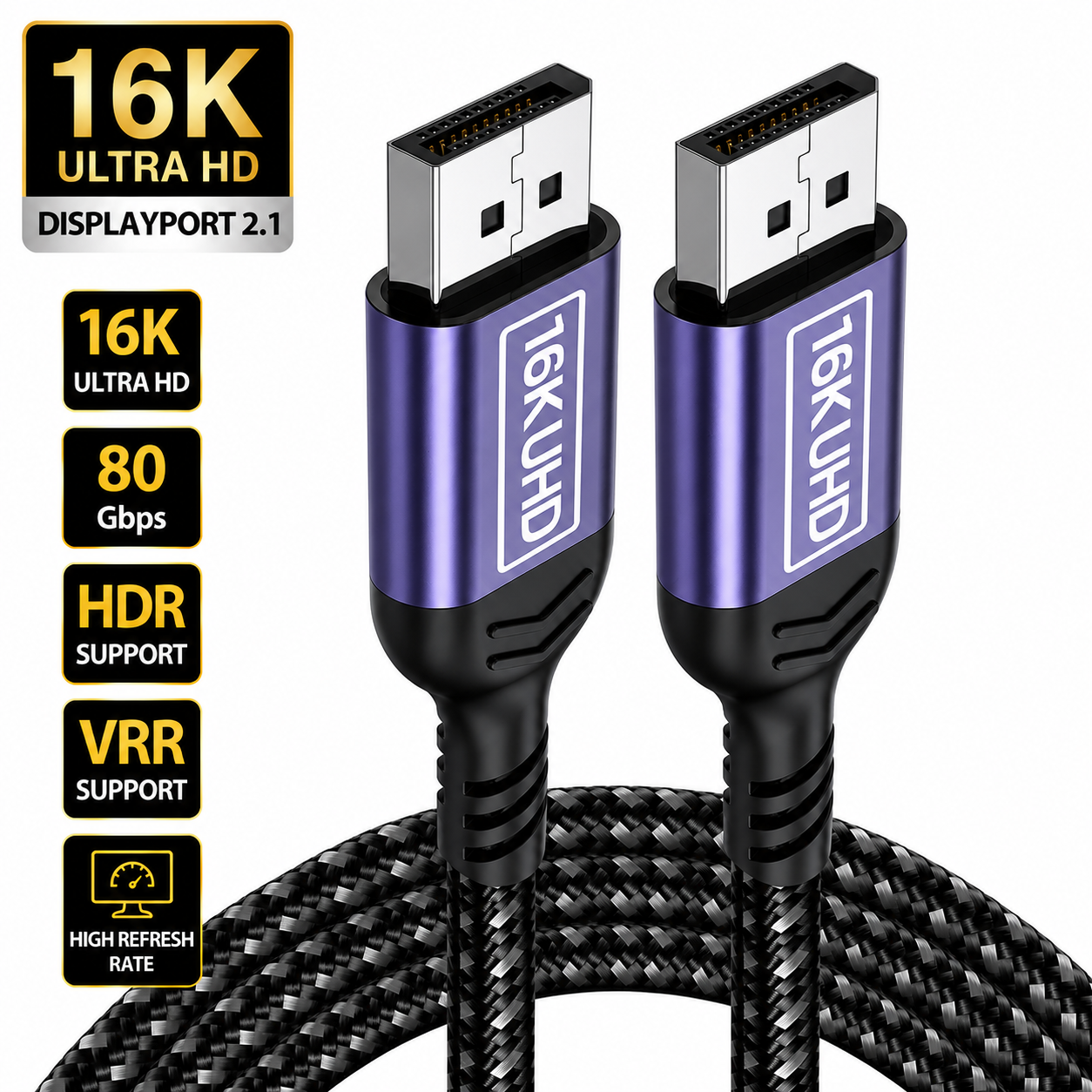 A 16K Ultra HD display cable with purple and black HDMI connectors and a black braided cable, shown on a white background with feature callout badges on the left.