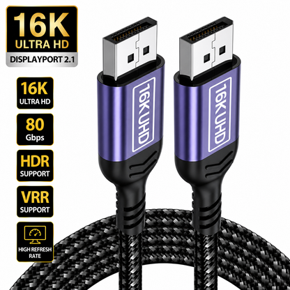 A 16K Ultra HD display cable with purple and black HDMI connectors and a black braided cable, shown on a white background with feature callout badges on the left.