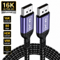 A 16K Ultra HD display cable with purple and black HDMI connectors and a black braided cable, shown on a white background with feature callout badges on the left.
