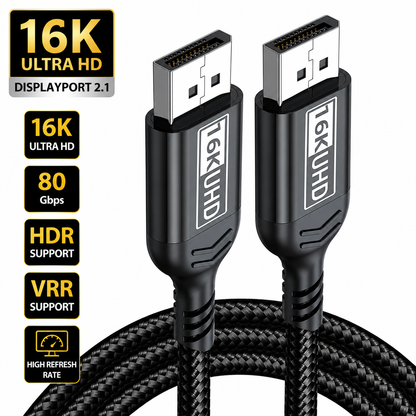 Black 16K Ultra HD HDMI cable with braided cord and two connector ends labeled 16K UHD, shown on a white background with feature callouts for 16K Ultra HD, 80 Gbps, HDR support, VRR support, and high refresh rate.