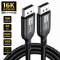 Black 16K Ultra HD HDMI cable with braided cord and two connector ends labeled 16K UHD, shown on a white background with feature callouts for 16K Ultra HD, 80 Gbps, HDR support, VRR support, and high refresh rate.