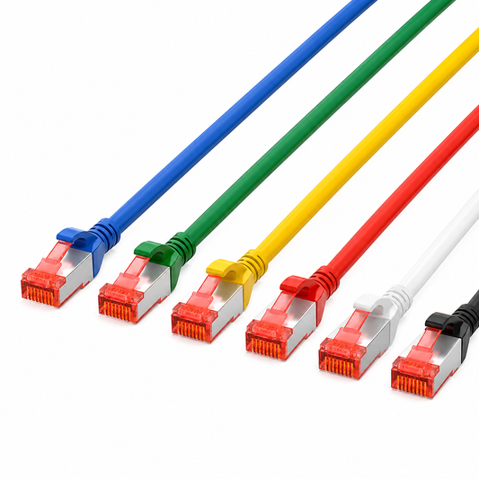 Five RJ45 Ethernet network cables in blue, green, yellow, red, and white, arranged diagonally on a clean white background.