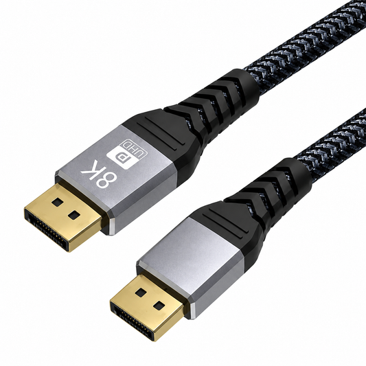 A braided black and silver HDMI cable with two high-speed K8 connectors, shown on a plain white background.
