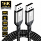 A 16K Ultra HD DisplayPort 2.1 cable with two silver and black USB-C connectors shown against a white background, featuring feature callout badges on the left and the coiled black braided cable at the bottom.