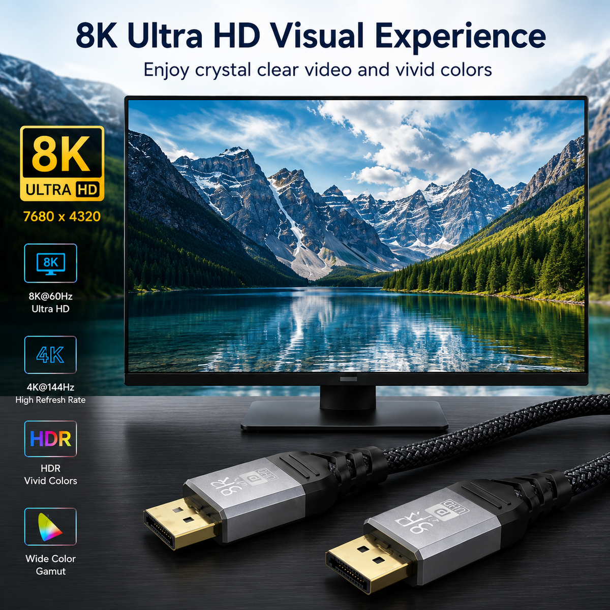 An 8K Ultra HD HDMI cable shown in front of a computer monitor displaying a mountain lake landscape. The image includes marketing text and feature icons for 8K, 4K, HDR, and wide color gamut.