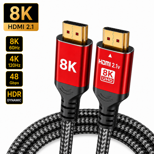 An 8K HDMI 2.1 cable with two red and black connector housings and a black-and-white braided cable, shown on a white background with feature callouts on the left.