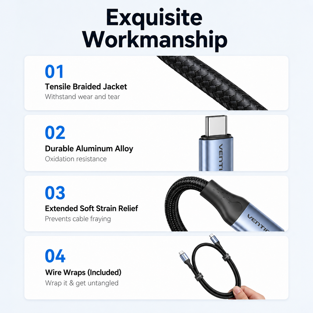 An infographic detailing the features of a VENTY USB-C cable, titled 'Exquisite Workmanship'. The graphic lists four points: 1.