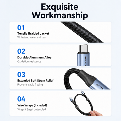 An infographic detailing the features of a VENTY USB-C cable, titled 'Exquisite Workmanship'. The graphic lists four points: 1.