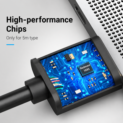 Close-up of a black USB-C adapter or cable connector with a blue circuit-board graphic on the front, attached to a silver device. Text on the left reads 'High-performance Chips' and 'Only for 5m type'.