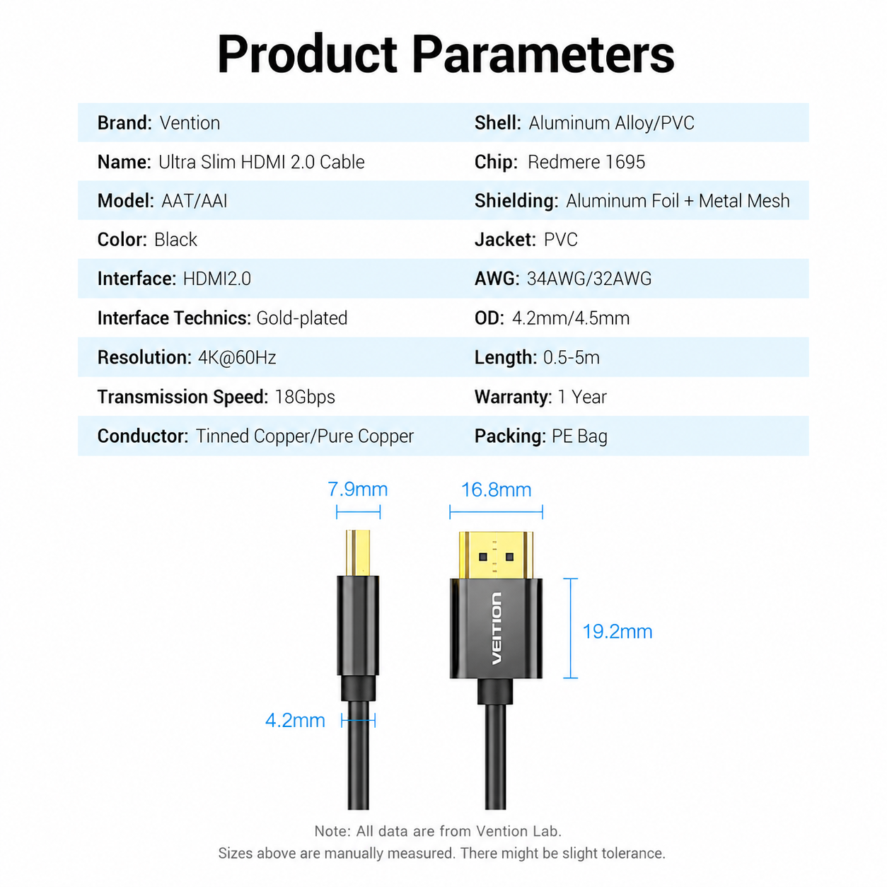 Product parameters and dimension diagram for a Vention Ultra Slim HDMI 2.0 cable, showing a black connector with gold-plated metal details and dimensions labeled 7.