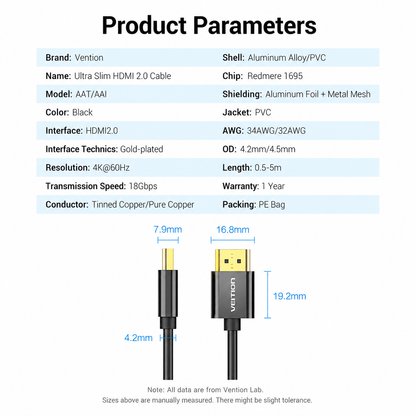 Product parameters and dimension diagram for a Vention Ultra Slim HDMI 2.0 cable, showing a black connector with gold-plated metal details and dimensions labeled 7.