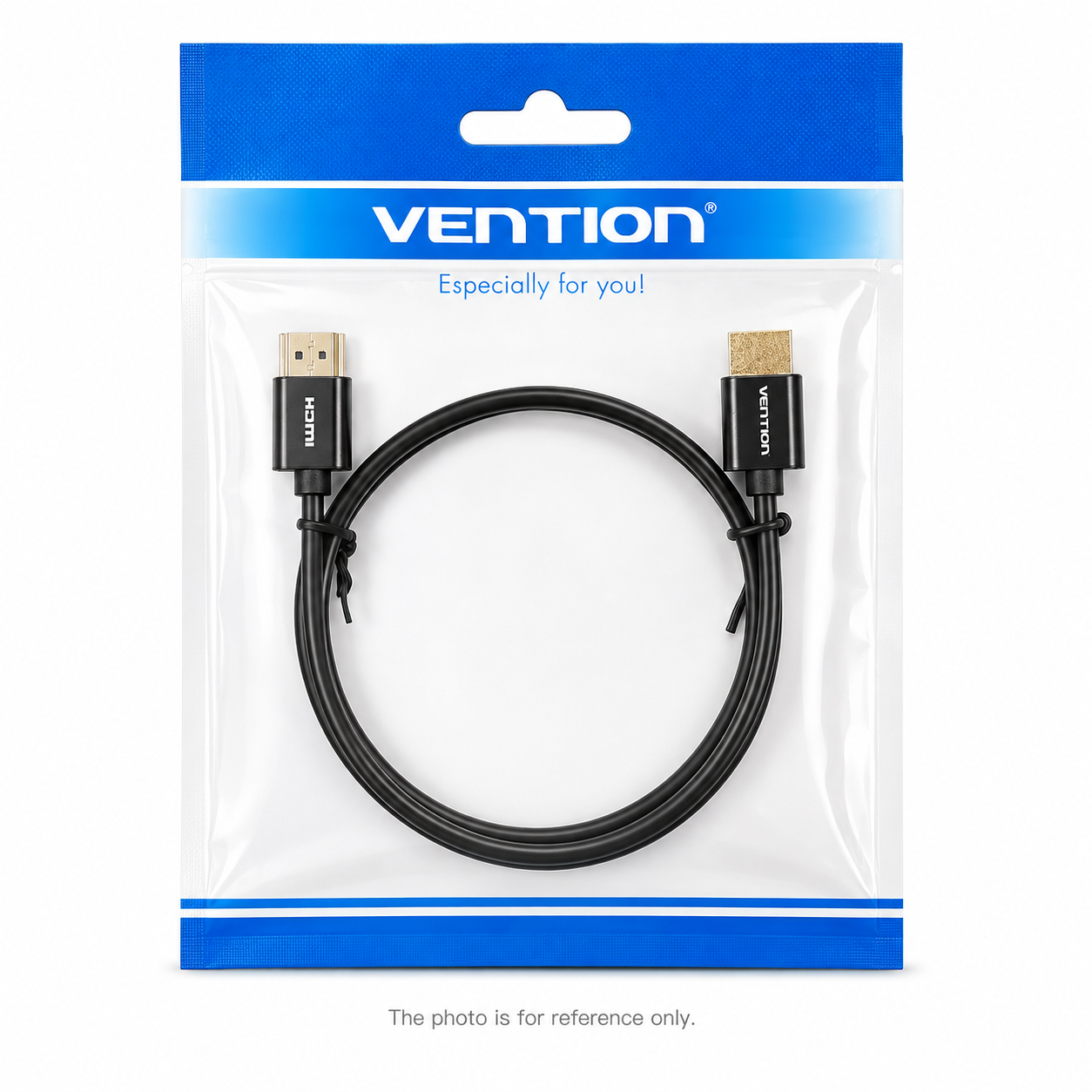A black HDMI cable coiled inside its original retail packaging, featuring a blue and white VENTION brand header card.